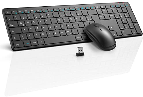 Tastatur Maus Set Kabellos, SABLUTE 2,4GHz UltraDünn Leise Kabellose Tastatur und Maus, Ergonomisch Funktastatur in Voller Größe mit 19 Sondertasten und einen Nummernblock, für PC, Laptop, Windows