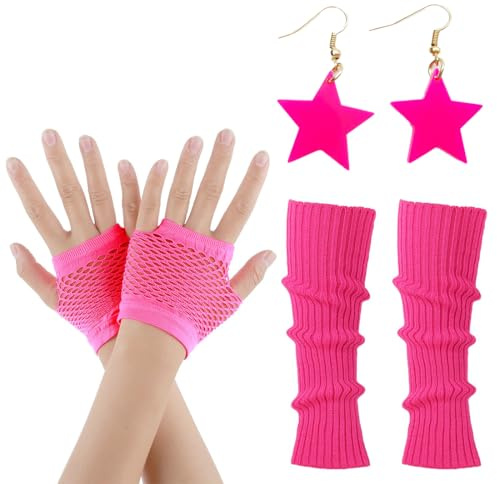 WUMZIRA 3 Pcs Set de Jambières Néon Gants en Résille des Années 80 Jambières Côtelées Gants Courts en Résille Vetement Fête Set Dames et Filles Avec une paire de boucles d'oreilles