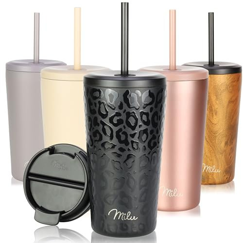 Milu Thermobecher 500ml - 100% Auslaufsicher - Edelstahl Kaffeebecher to go isoliert mit Strohhalm hält 10h heiß / 20h kalt, BPA-frei (Black Leopard, 500ml)