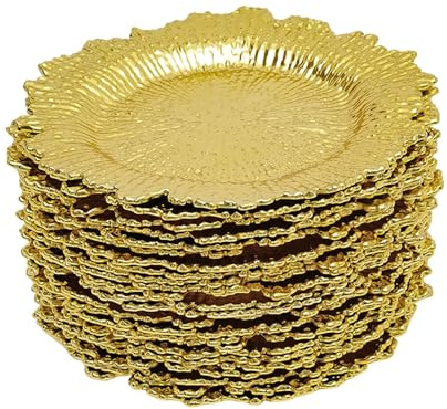 GUDBYWXB Gold Charger Plates Set of 24, Reef Plate Chargers for Dinner Plate, Round Table Chargers for Weddings, Underplates Disposable 13-Inch Disposable Dinner Plates for Family Party