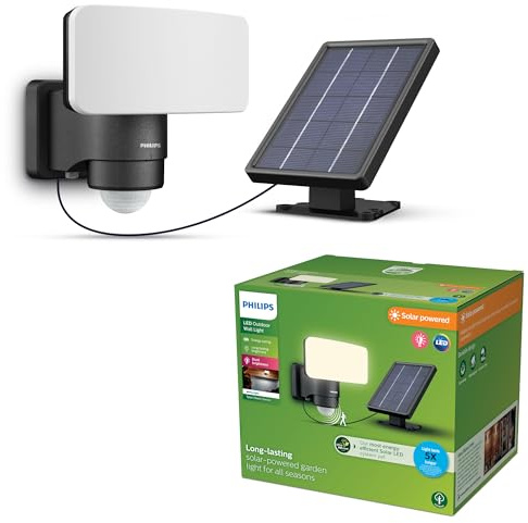 Philips Tylus ultraeffiziente Solar-Sicherheitsleuchte für den Außenbereich mit Sensor, 3000K weißes Licht, 1000/50lm, Schwarz