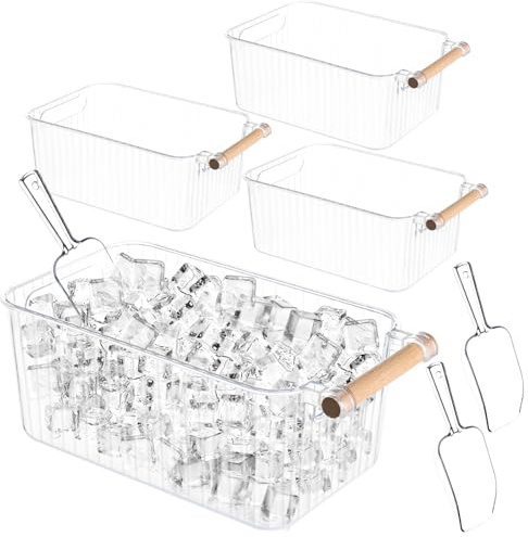 4 Piece Ice Bin and 2 Flexible Scoop Set Plastic Freezer Ice Bin with Handle Clear Storage Bucket for Container with Bucket Scoop Kitchen Fridge