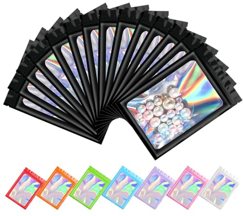 Plaphy 100 Bolsas Mylar Holográficas de Aluminio con Ventana(Negro,7x10cm)