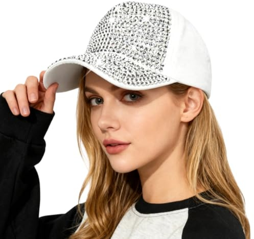 Bling Shiny Rhinestone Baseball Cap for Women Adjustable Visor Hat Bling Sun Hat Outdoor Sports Travel-White Silver