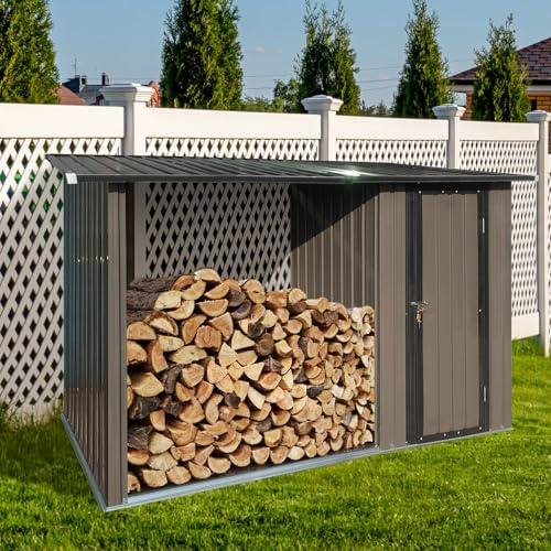 105 Outdoor Firewood Shed & Metal Storage Shed 2-in-1, Steel Wood Holder with Door & Waterproof Cabinet for Fireplace, Backyard, Garden, Patio (105, 2-in-1)