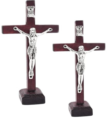 Elzhan 2Pcs Crucifix Wall Cross Wooden Catholic Cross With Stand Religious Christian Standing Cross Church Home Ornaments For Prayers Wall Accents