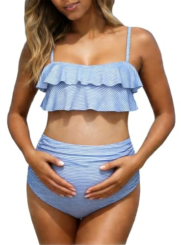 Bikini de grossesse 2 pièces avec taille haute à rayures pour la piscine comme maillot de bain confortable pour les femmes enceintes