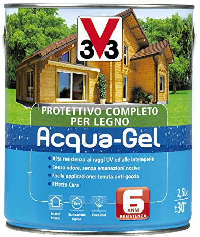 V33 Protettivo Completo Per Il Legno All'Acqua, Tenuta Anti-Goccia, Latta Da 2500 Ml, Resa 30 Mq Ca. Noce Chiaro