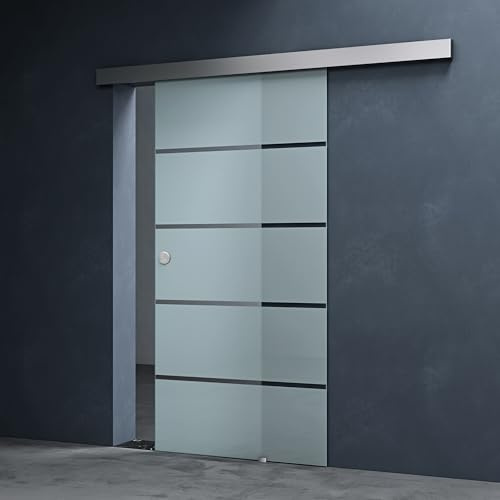Mai & Mai Porta Scorrevole in Vetro 90x205cm, Porta Scorrevole con Sistema Softclose in Vetro Satinato 8mm in 5 Strisce con Binario e Maniglia Rotonda per Bagno Studio Ufficio, Amalfi TS11-900SC