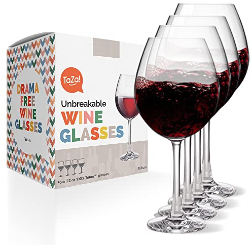 TaZa Unbreakable Red Wine Glasses with Stem 22oz Set of 4, Shatterproof Tritan Plastic Stemmed Outdoor Glasses, Reusable & Dishwasher Safe, Hot Tub, Travel, Camping, Beach & Pool Wine Glasses
