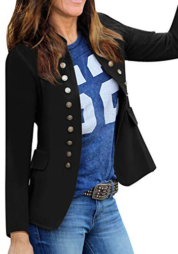 Roskiky - Veste décontractée unie pour femme, ouverte sur le devant, avec boutons et col montant, Noir , XXL