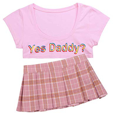 inlzdz damer skolflickor cosplay underkläder set super kort crop top med ja daddy? Tryck + rutig minikjol, skoluniform, underkläder, babydoll, nattkläder