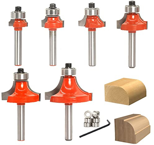 Sinoprotools Roundover&Beading Router Bits,6Bits Edge Forming Router Bit Set,Corner Rounding Router Bits 1/4 Inch Shank with 6pcs Beading Bearings, Radius - 1/16 1/8 3/16 1/4 3/8 1/2