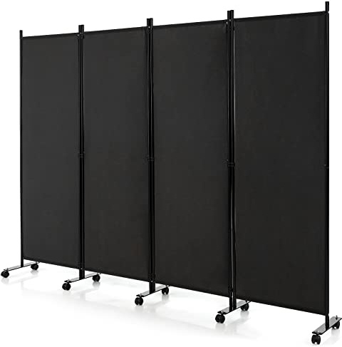 CASART Folding Room Dividers, 3/4 Panels Movable Protective Privacy Screens with Lockable Wheels, Steel Frame Portable Fabric Screen Room Partition for Home Office (4 Panels-224x30x172 cm, Black)