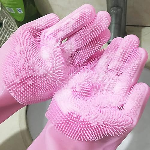 HUFFA 2 uds./1 par de Guantes mágicos de Silicona for Lavar Platos, Guantes multifunción de Silicona for Fregar, Cepillo for la Cocina, Limpieza del hogar (Color : Pink)