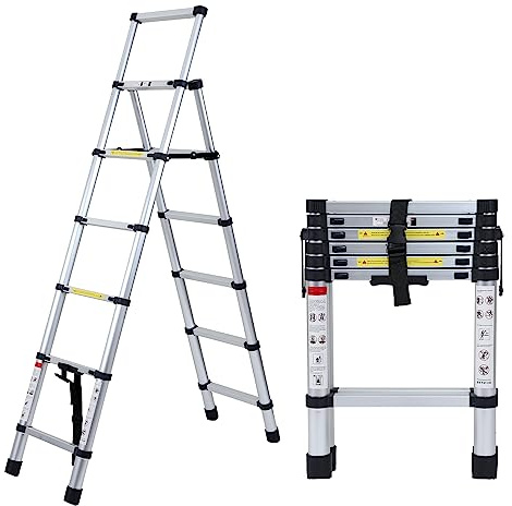 Ansobea Scala telescopica pieghevole in alluminio, 1,7 m + 2,0 m, telaio A 5 + 6 gradini, scala multiuso 150 kg, EN131
