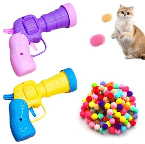 2 stycken roliga kattleksakspistoler med 60 stycken plyschbollar, kattbollspistol, plyschbollkastare, interaktiv kattleksak, kattpresenter (blå, lila)