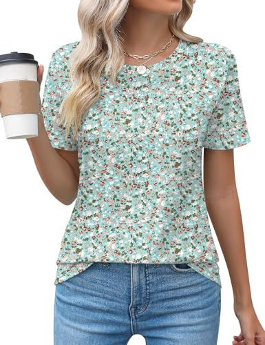 Rapbin Womens Casual Short Sleeve T-Shirts Crew Neck Pleated Tops Fashion Dressy Tunic Blouses