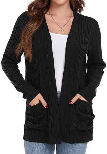 GRECERELLE Womens Cardigans Lightweight Casual Rib Classic Cardigans for Ladies with Pockets (Black, XXL)