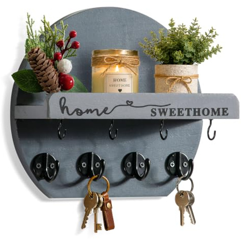 Dxiunove Wooden Key Holder for Wall with Shelf, Wall Mounted Key Hooks, Solid Wood Entryway Organizer, Decorative Flower Hole, 3 Installation Options, Farmhouse Wall Decor(Grey)