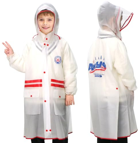 ANYOO Waterproof Rain Poncho Kids with Long Sleeves, Lightweight Raincoat Rain jacket Hooded with Added Back Space for Boys and Girls Height 120-130cm Outdoor Hiking Camping