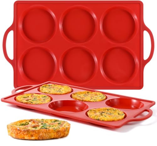 CAKETIME Silicone Muffin Top Pan with Metal Frame, 4 Inch Jumbo Non Stick Round Egg Baking Pan for Oven English Muffins, Whoopie Pies, Corn Bread, Egg Bites, Breakfast Sandwiches Tarts 2 Pack Red