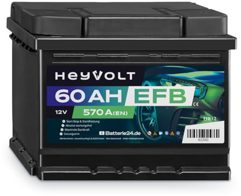 HeyVolt EFB Autobatterie 12V 60Ah 570A Hochleistungs-Blei-Säure-Batterie, Start-Stop geeignet, Langlebig, Kompatibel mit PKW