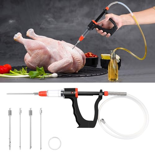 Dreyoo siringa iniettore per marinata per affumicare, siringa iniettore di carne con 3 impostazioni di flusso, 4 aghi di precisione e tubo da 85 cm, pompa iniettore ideale per carne, barbecue, fumo,