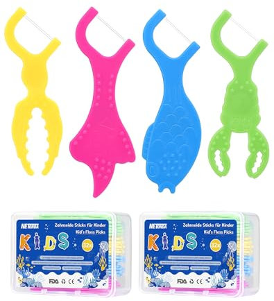 NETONDA Zahnseide Kinder Dental Floss für engen Zahnzwischenräume Zahnseide Sticks mit 4 bunte Griffe in Form von Meerestieren Flossers Kids - Fluorfrei, wachsfrei, rutschhemmend（2X32Stk）