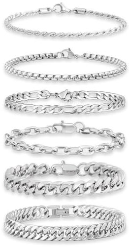 GUJOXILA 6 Stück Herren Armband Edelstahl Armbänder Silber Herrenarmbänder für Männer Jungs Kubanische Armband 19cm/21cm/23cm Kette Länge für Hip Hop Rapper Geschenke für Ehemann Papa Sohn
