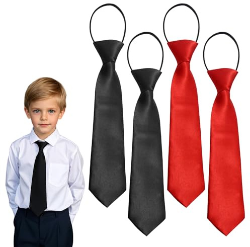SAIIURV 4 Pièces Cravate Garçon Couleur Unie, Cravates Extensibles En Satin, Pré Nouée Réglable, Cravate Enfant pour Occasions Formelles, Mariages, Remise De Diplômes Et Uniformes (Noir, Rouge)