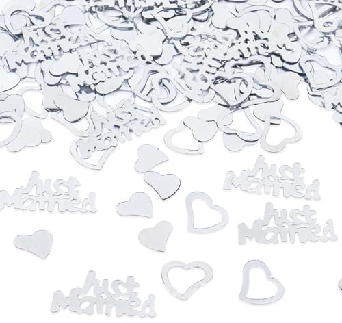 Wedding Confetti, 30g Just Married Table Scatter Silver Heart Shape Confetti Sequins Wedding Scatter Table Decoration for Bridal Showers Engagement Party Decor