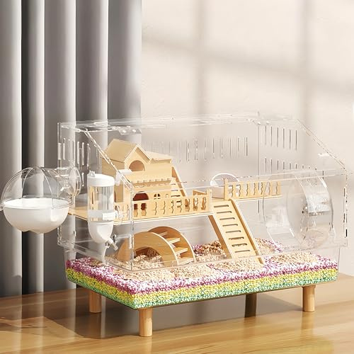 8 in 1 Acrylic Hamster Cage with All Accessories,18.5x11.8x14.6,2-Layer Hamster House with Full Transparent Viewing,Top Open Mouse Cage for Pet Mice,Hamster Habitat for Dwarf Hamster,Gerbils