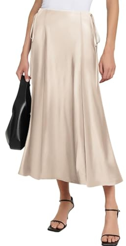 Gonna lunga da donna in raso, a vita alta, elegante gonna midi di seta, linea A, Flared Midi, business, feste, tempo libero