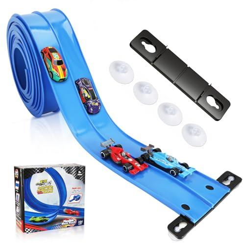 Car Track 4.5m, Flexible Race Track Car Ramp Track Toy Car Race Track, with 4 Cars and 12 Suckers,Toy Car Ramp Rolls up Portable Dual Racetrack for 3 4 5 6 7 8 Year Boys Girls Kids
