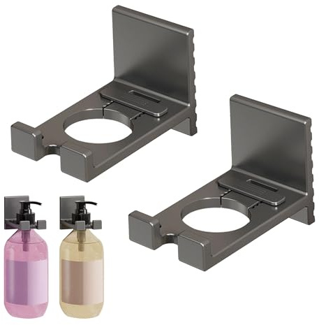 Dispensador Jabon Pared, Soporte Gel Ducha, Dispensador Jabon Baño Pared Universal, para Colgar Botellas Pequeñas de Gel de Ducha, Champú y Jabón de Manos, incluye un Anillo Ajustable, Metal, 2 Piezas