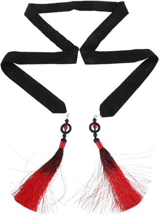 GALPADA Chinese Style Black Headband Strap with Tassel Hair Ribbon, Traditional Hanfu Forehead Band Made of Polyester and Metal, Unisex Versatile Hair Accessory for Cosplay and Daily Wear