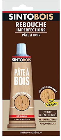SINTOBOIS - Rebouche Petits Trous - Pâte à Bois - Prêt à l'Emploi - Sec en 2h - Formule Solvantée - Intérieur et Extérieur - Ne se Rétracte pas - Chêne Foncé - Technique Professionnelle - 80 g