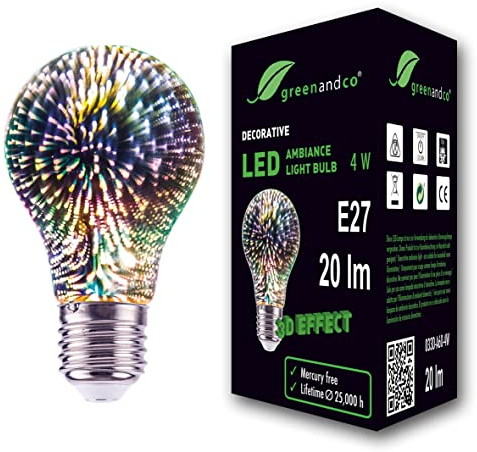 greenandco Bombilla LED efecto de fuegos artificiales en 3D para la iluminación decorativa de ambientes E27 A60 4W 20lm 360° 230V sin parpadeo, no regulable