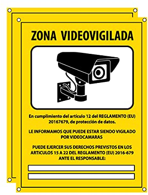 Cartel videovigilancia - Placa zona videovigilada – Carteles cámara vigilancia 20x15 cm - Amarillo Interior-Exterior - PVC (2 Piezas Cartel Videovigilancia)