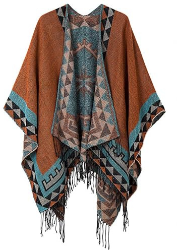 DiaryLook Ladies Printed Poncho Cape Reversible Oversized Shawl Wrap Open Front Cardigans for Women Orange Black