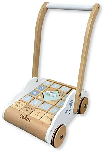 Lauflernwagen mit Bausteinen blau - personalisierbar I Handmade Holzspielzeug ab 1 Jahr I Personalisierte Geschenke Baby I Laufhilfe für Kinder I Spiel- & Schiebewagen mit Name