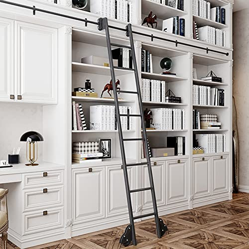 Bibliothèque d'échelle à échelle roulante rétractable Kit matériel d'échelle coulissante, 3,3 pieds à 20 pieds à échelle mobile ronde piste noire / rail (pas d'échelle) avec roues à rouleaux plancher