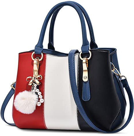 DORRISO Women Top Handle Bag Ladies Handbags Fashion Colour Block Shoulder Bag Travel Casual Tote Bag PU Leather with Pearl Pendant and Crystal Style Drop Red
