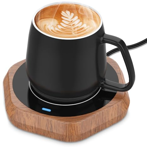 Coffee Mug Warmer for Desk - Wooden Auto Shut Off Drink Warmer for Milk Tea Water Cocoa - Smart Beverage Heating Candle Wax Plate - Hexagonal
