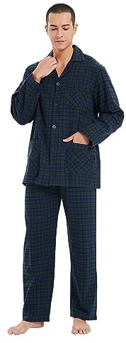 Kolipajam, set pigiama in cotone per uomo, 2 pezzi, a quadri, comodo, biancheria da notte, PJS con tasche, S