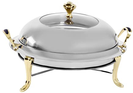 3L Rund Chafing Dish Set, 28cm Buffetwärmer Edelstahl, Speisewärmer mit Atmungsaktiver Deckel, Warmhaltebehälter für Catering, Buffet und Party (Gold)