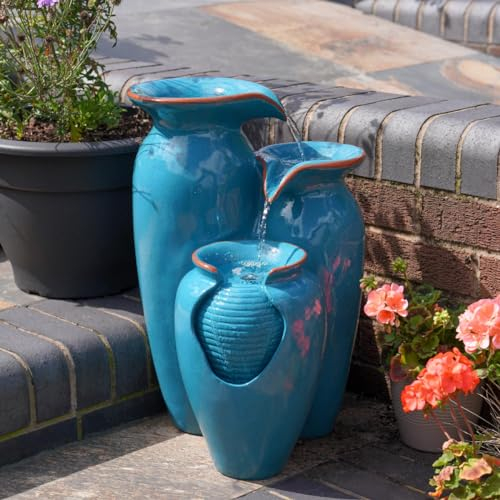 Festive Lights - 51.5cm Blue Cascading Jug Hybrid LED Lit Water Feature with Solar, USB & Plug In Power - Turquoise Polyresin Fountain, Multi Timer Functions, Indoor & Outdoor, IP44 Rated, 5m Cable