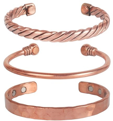 Touchstone Bracciale magnetico in rame in stile tibetano forgiato a mano con rame puro massiccio e di alto livello. Set di 3 diversi modelli a forma di tubo intrecciato martellato.