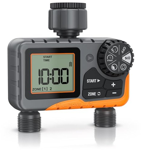Brandson Digital Water Computer with 2 Outputs, Watering timer, Water flow meter, Practical water meter for the garden IPX5, Automatic and Time-Saving Irrigation, Rain Delay, indoor and outdoor use